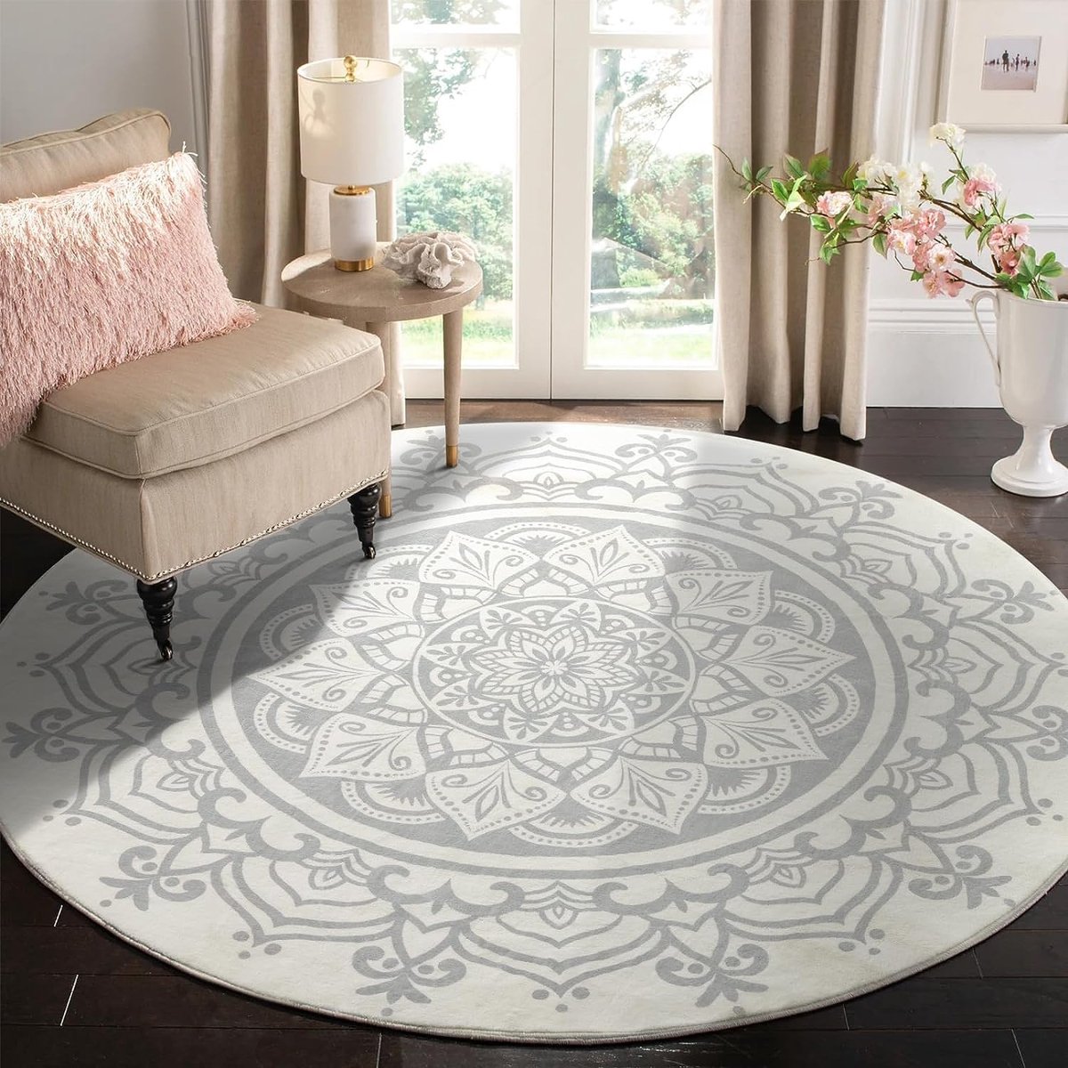 Vloerkleed, rond, 150 cm, zacht en wollig, tapijt, gebied, cirkel, antislip, wasbaar, Boheems mandala, vloertapijt, woonkamer, slaapkamer (grijs, mandala)