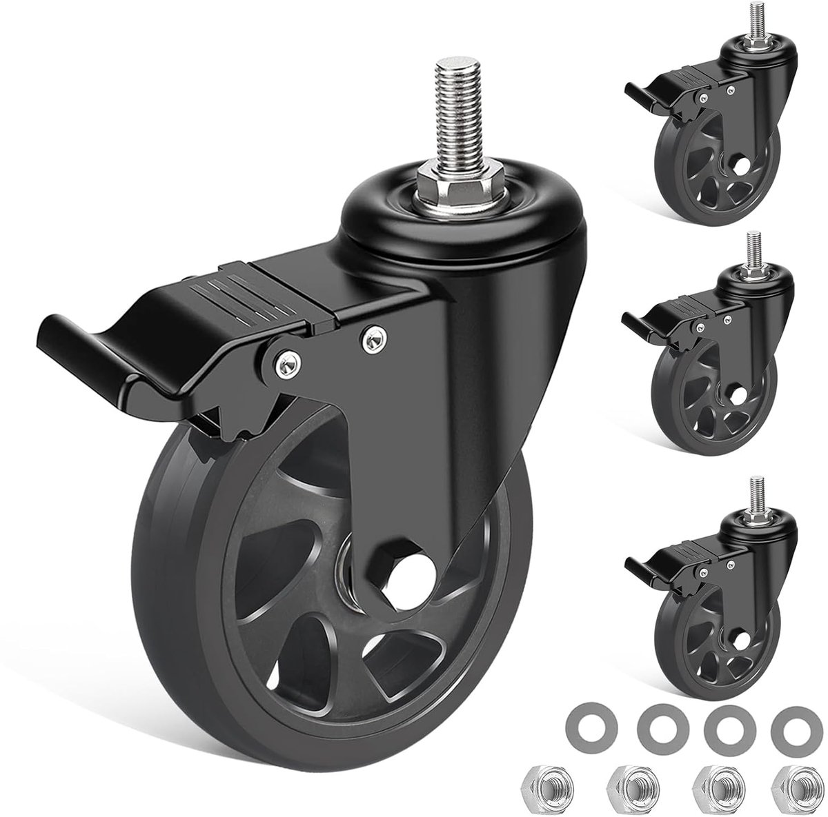 Zwenkwielen, 125 mm met rem, set van 4 meubelwielen met M12 x 1,75 x 30 mm schroef tot 700 kg, geen sporen en stille wielen voor zware lasten, transportwielen, 360° rotatie, wielen voor meubels