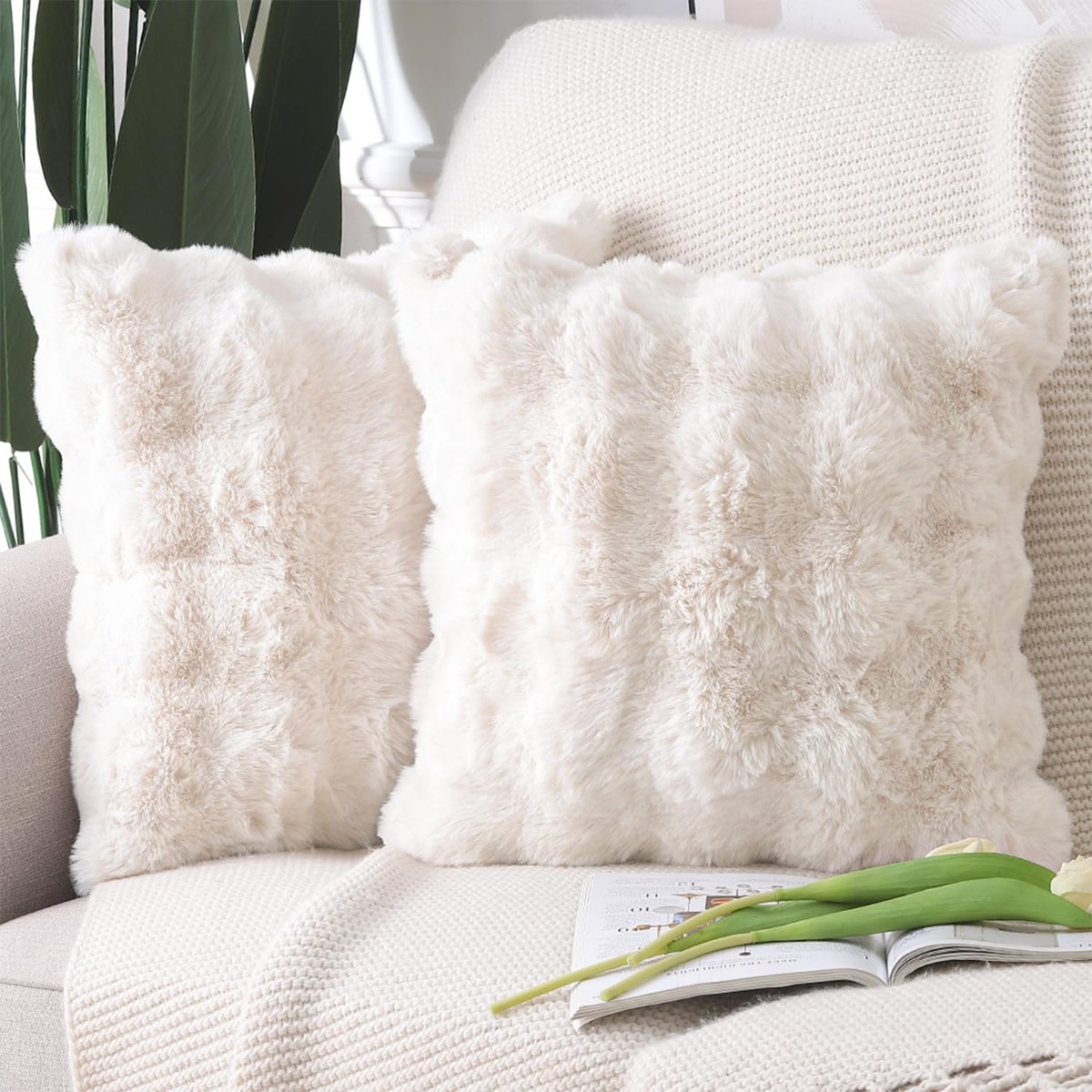 Set van 2 Dikke Pluche Faux Wol decoratieve Zachte kussenslopen decoratieve kussenhoes voor bank slaapkamer kussensloop 65x65 cm Crème wit