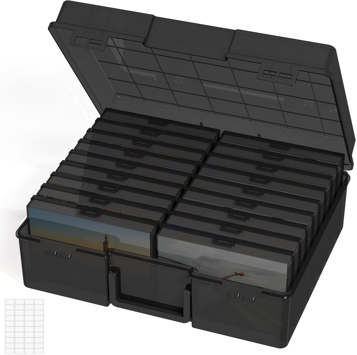 foto-opbergdoos 10x15cm fotodoos, 18 binnenste fotohouders, zwart plastic foto-organizer voor zaad, kaarten, foto, knutselwerk met 1 vel labelsticker