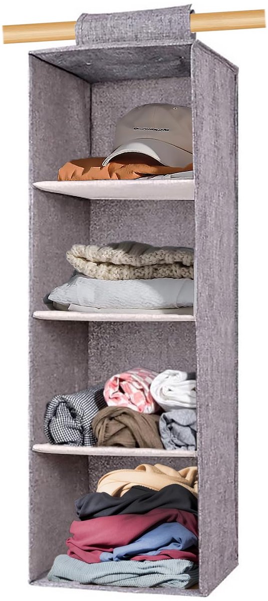 Hangorganizer, kastorganizer, hangrek, hangopslag, opvouwbaar, ruimtebesparend, hangrek, kastorganizer, stabiel opbergsysteem, linnenachtige textuur, grijs