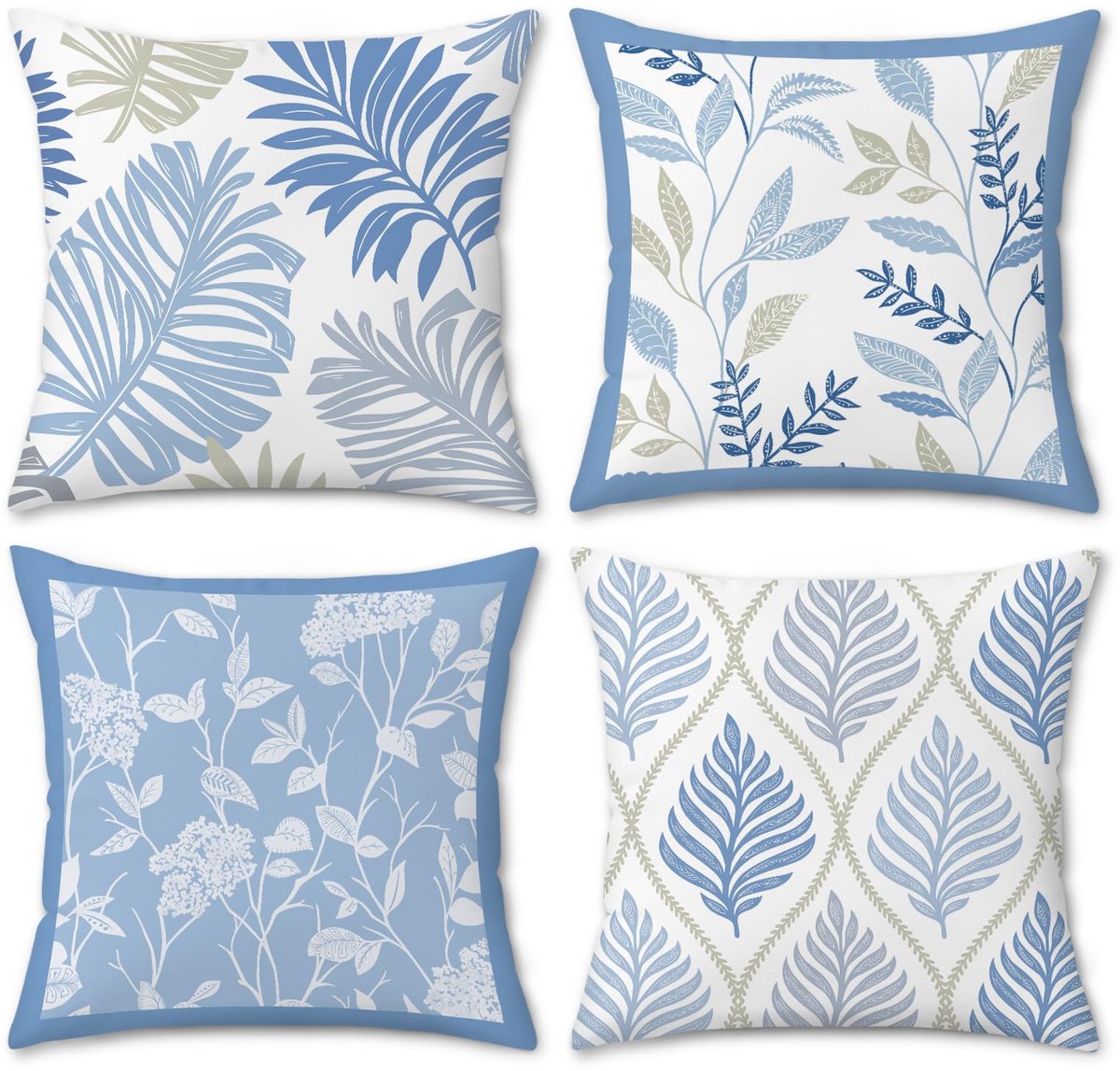 Kussenhoezen, blauwe bladeren, bloemen, 45 x 45 cm, tropische bladeren, moderne geometrie, fluweel, decoratieve kussenovertrekken voor bank, woonkamer, thuis, set van 4