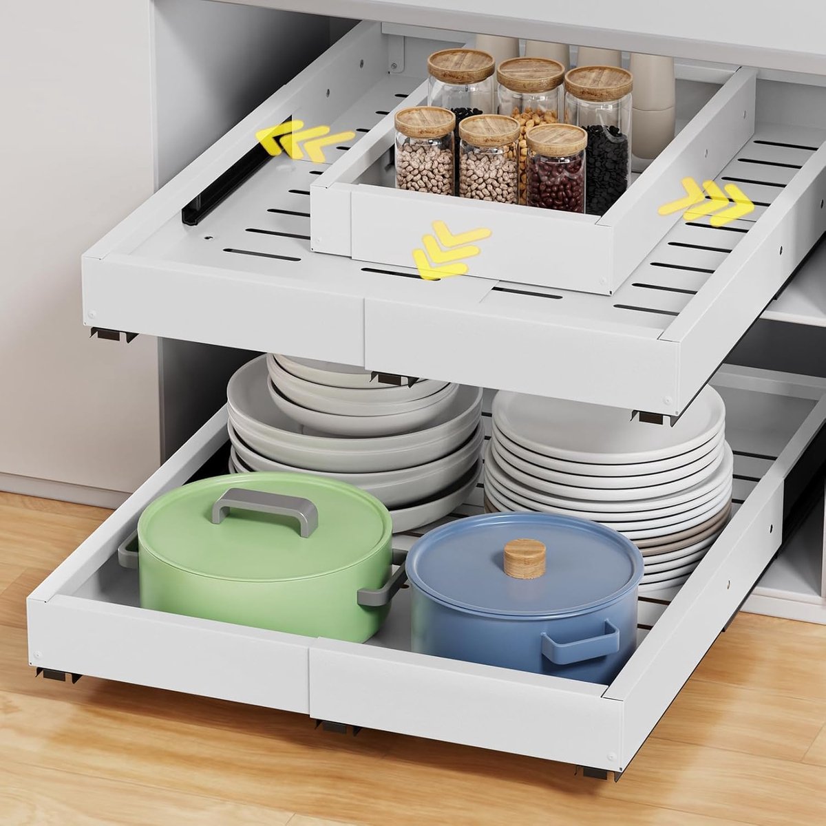 lade, 2 stuks, 4 richtingen, uittrekbare lade, keuken, uittrekbare kast, organizer, metalen kast-lade-organizer, breedte 29-48 cm, diepte 42-55 cm