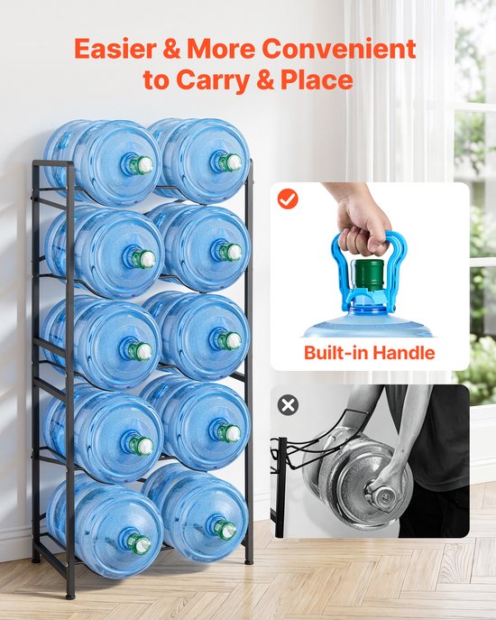 VEVOR Waterkanhouder, 5 Lagen, Dubbele Rijen, voor 10 Gallons (Ca. 38 Liter), Waterkanrek, Waterdispenserrek, Waterflessenrek, Watercontainerrek voor Keuken, Kantoor, Woonkamer, Zwart — afbeelding 4