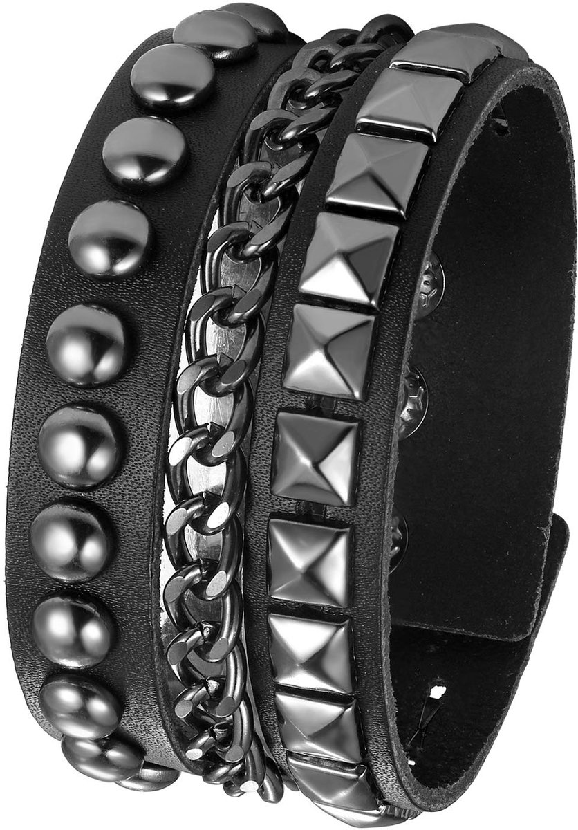 JewelryWe Zwarte Spike bezaaide armband met ketting gewikkelde punk rock biker lederen manchet armbanden polsband voor mannen, verstelbaar
