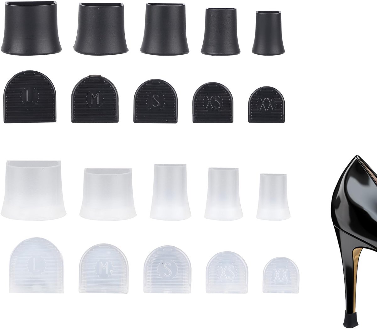 20 Stuks Hoge Hakbeschermers, 5 Maten Stoppers en Reparatiekapjes voor Hoge Hakken Antislip Hielkappen voor Buitenactiviteiten Moerasgras en Grind (Zwart, Transparant)