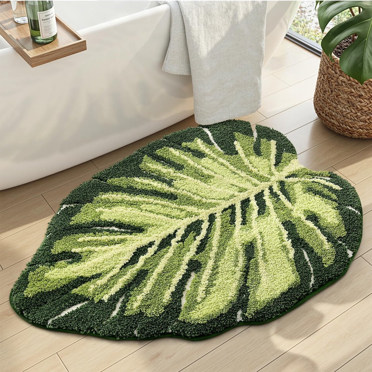 Badmat 60 x 80 cm, Antislip en Zachte Badmatten met Groene Bladplant, Machinewasbare en Absorberende Badtapijt voor Douche, Badkamer en Badkuip, Monstera