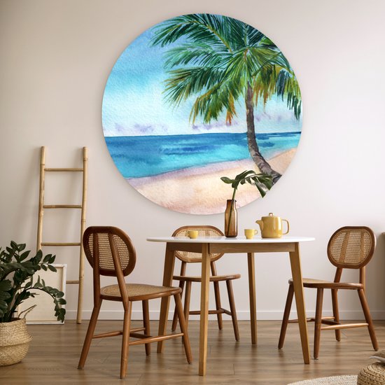 WallCircle® Wandcirkel 140x140 cm - Muurcirkel Zee - Palmboom - Strand - Muurdecoratie woonkamer - Wanddecoratie slaapkamer - Kamer decoratie accessoires - Ronde schilderijen