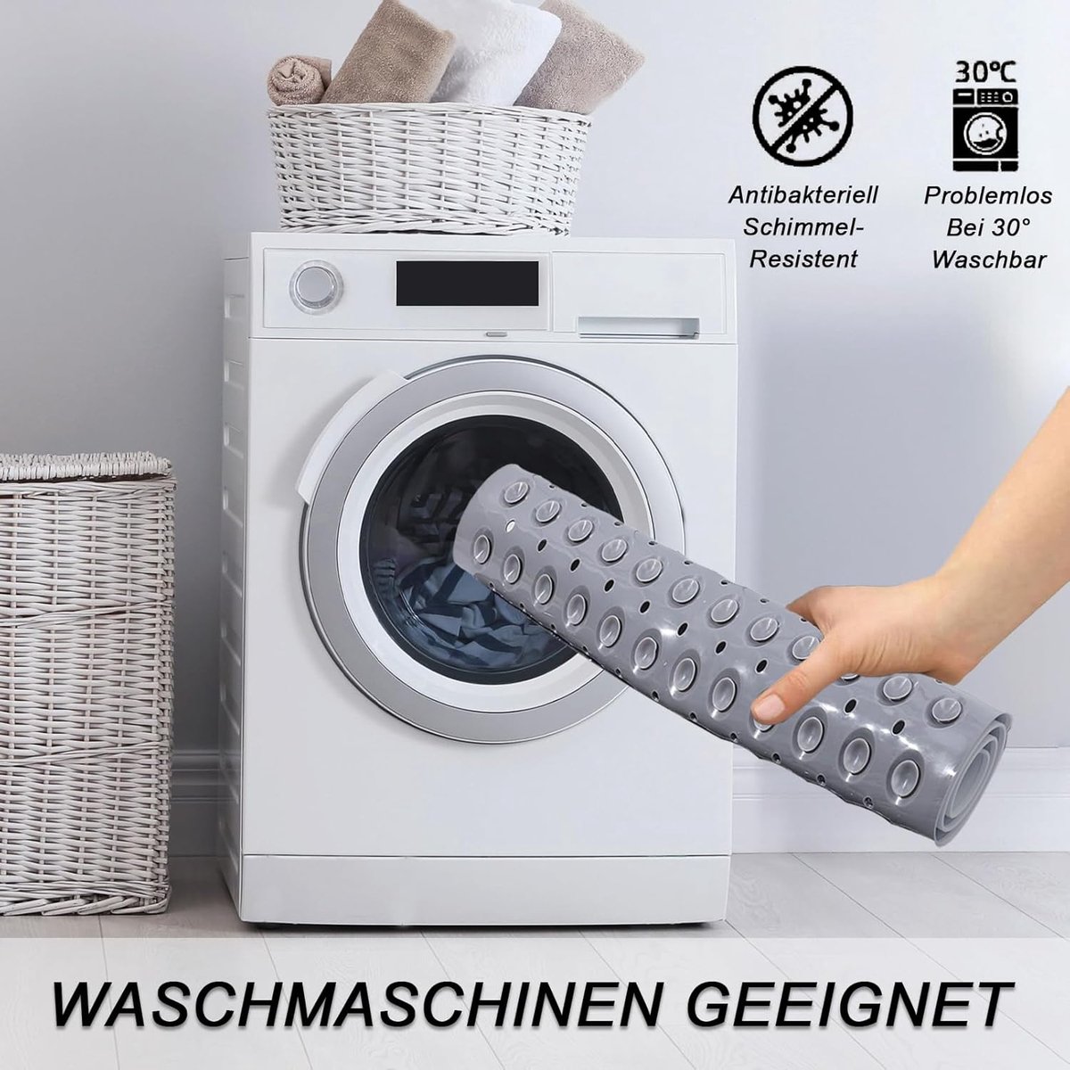 Douchemat antislip 40 x 80 cm, Badmat antislip met zuignap, Antislipmat van PVC, antislip massagemat voor douche en sauna, incl. 2 haken, Grijs