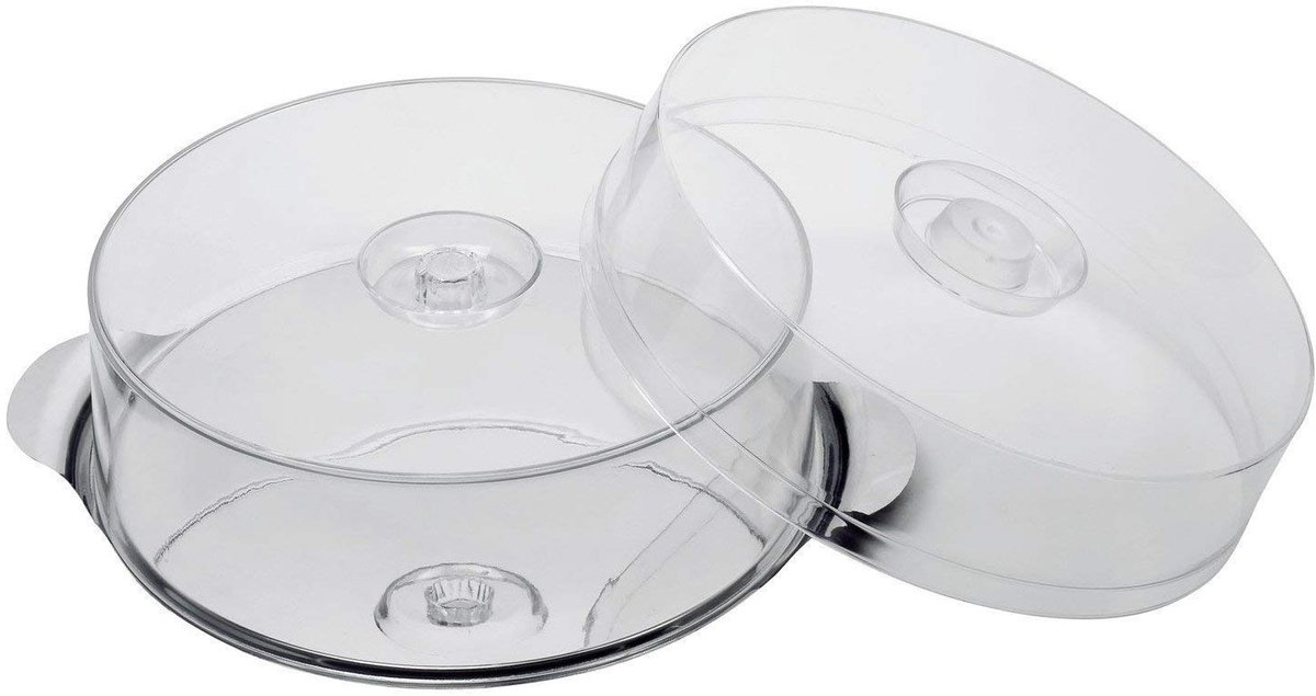 652 Taartplateau met 2 kappen, hoogwaardige taartplateau van roestvrij staal met handgrepen en 2 taartkappen (hoogte 7 cm + 11 cm, 30 cm) duurzaam en stapelbaar, Made in Germany, transparant