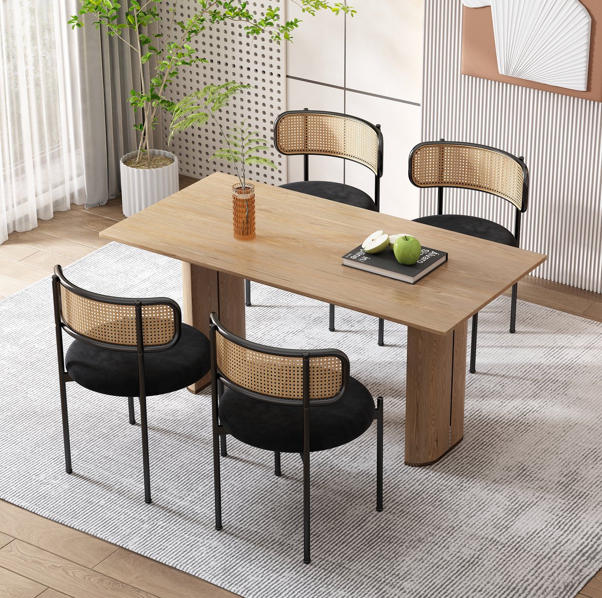 DESMIU Eetkamerstoel Set Van 4 - Velvet Met Rattan Rugleuning En Metalen Poten - Voor Eetkamer En Woonkamer - Zwart