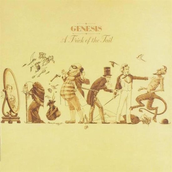 De Genesis "A Trick of the Tail" albumhoes met diverse karikaturale figuren, waaronder een faun.