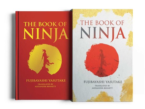 Twee edities van "The Book of Ninja". Rode kaft met gele ninja-afbeelding, witte kaft met rode ninja-afbeelding en gouden accenten.