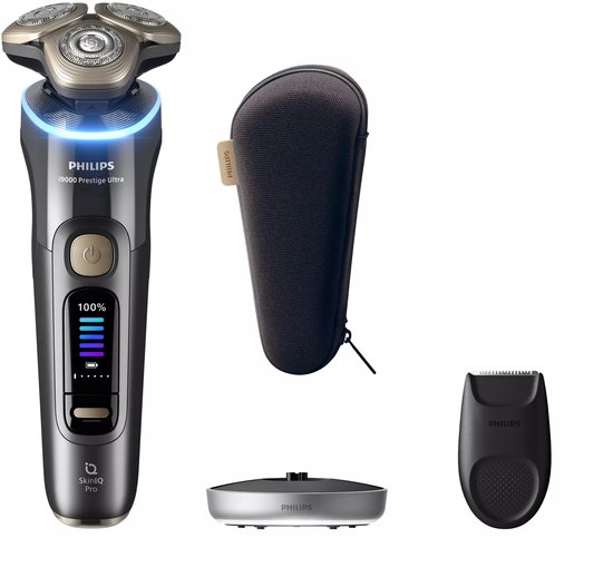 Philips Shaver i9000 Prestige Ultra scheerapparaat met oplader, precisietrimmer en reishoes.