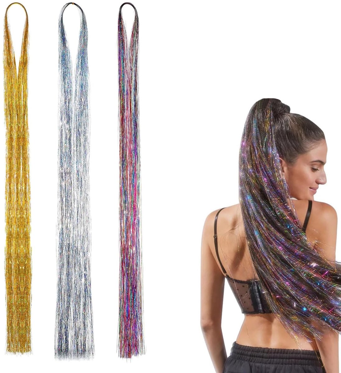 Dailygoods- Haarextensions 120 cm - Haarstrengen - Haartinsel - Set van 3 kleuren - Glitterhaar - Hoogwaardige materialen