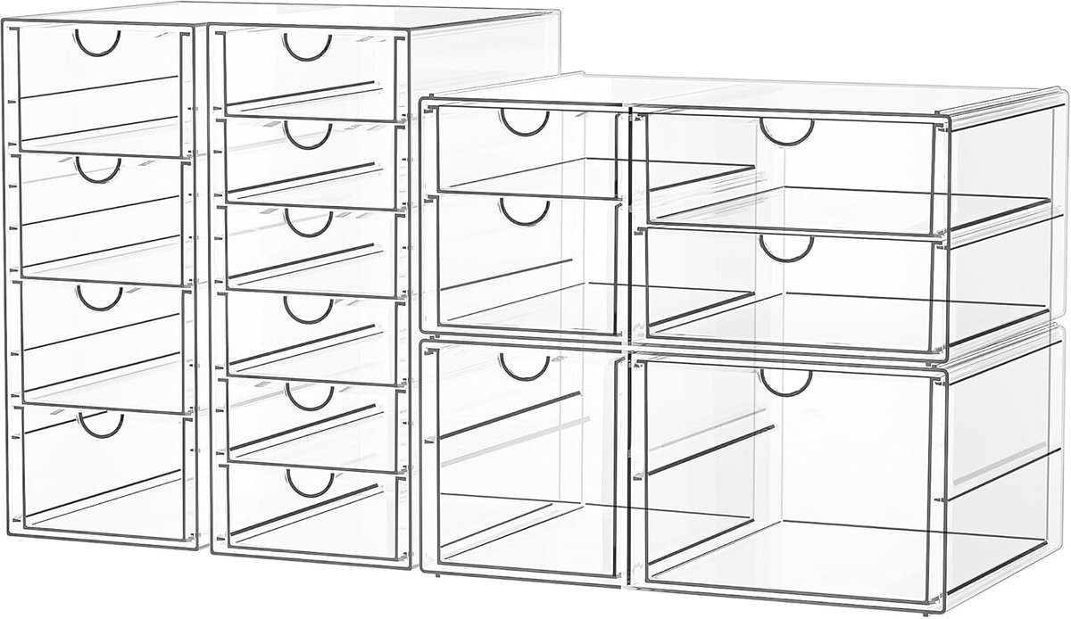 Bureau-organizer met 16 lades: Set van 4 make-up organizers met antislip pads | Stapelbare ladekast voor cosmetica, kantoorbenodigdheden, gereedschap en bouwstene