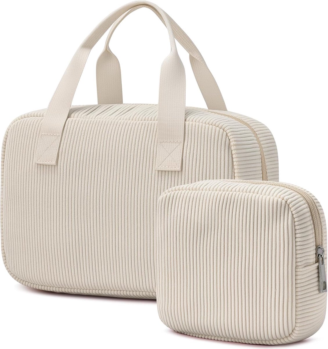 oscaurt Cosmetische tas voor dames, corduroy toilettas, grote make-uptas met vakken, cosmeticatas, cosmetic bag, toilettas, tas, organizer, beige, Utility