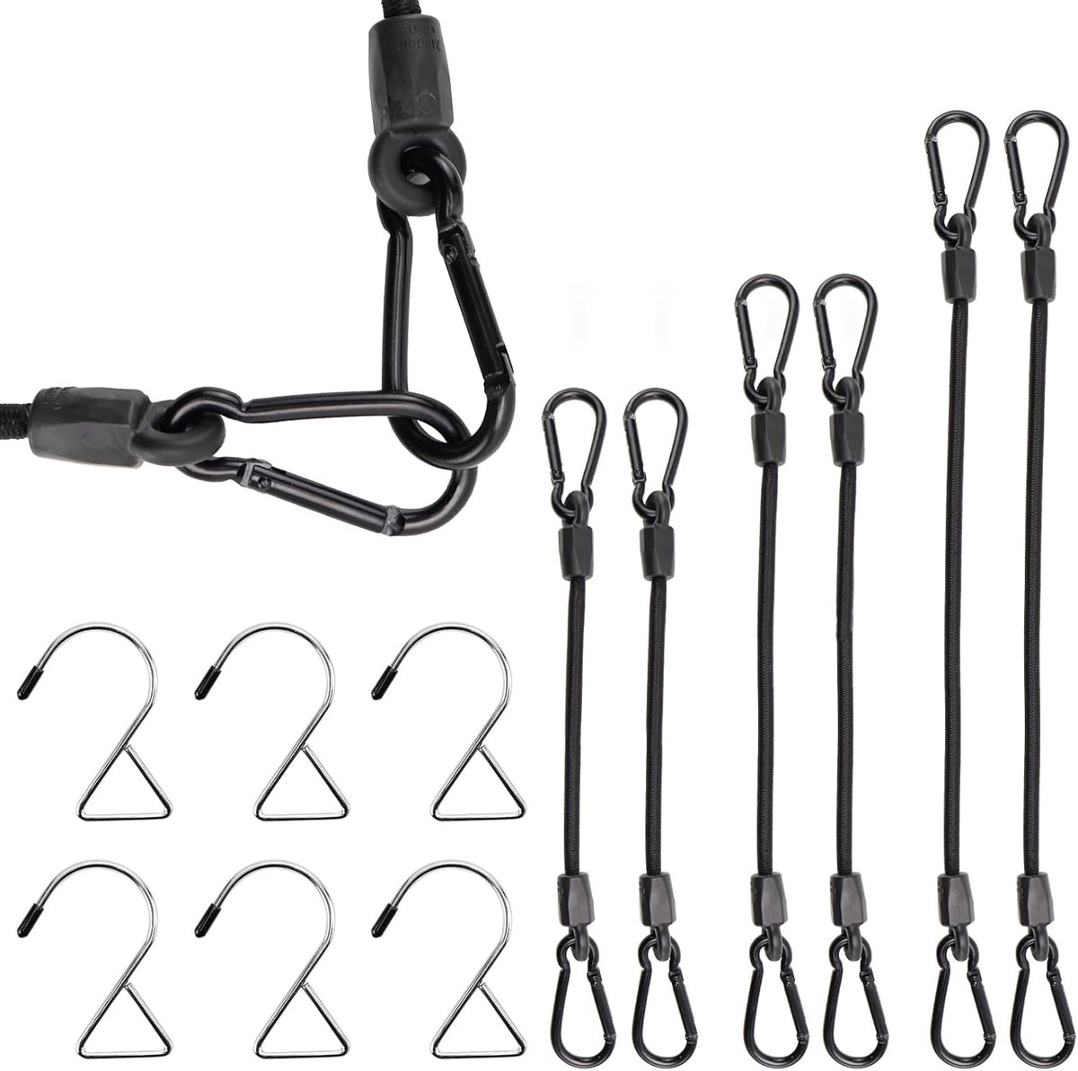 Spanrubber met karabijnhaak, 6 stuks, expander met karabijnhaak, expander met haken, 30, 60, 90 cm, elastiek met karabijnhaak, zwart, voor zonnezeil, tarps, tuin, fiets, auto, camping, lading