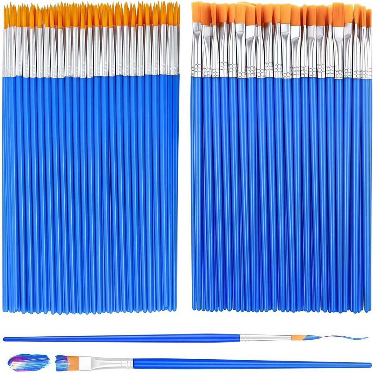 100 Stuks Kwastenset, 50 Platte Penselen en 50 Ronde Kleine (Blauw) | Nylon Acrylverfpenselen, Kleine Penselen, Kleine Kunstenaarsborstels, voor Details, Kunstschilderen, Waterverf