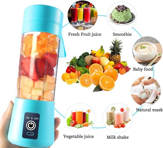 Draagbare Blender - Mini Mixer - Gezonde Drankjes Maken - 6 RVS Messen - 380 ml - Blauw — afbeelding 5