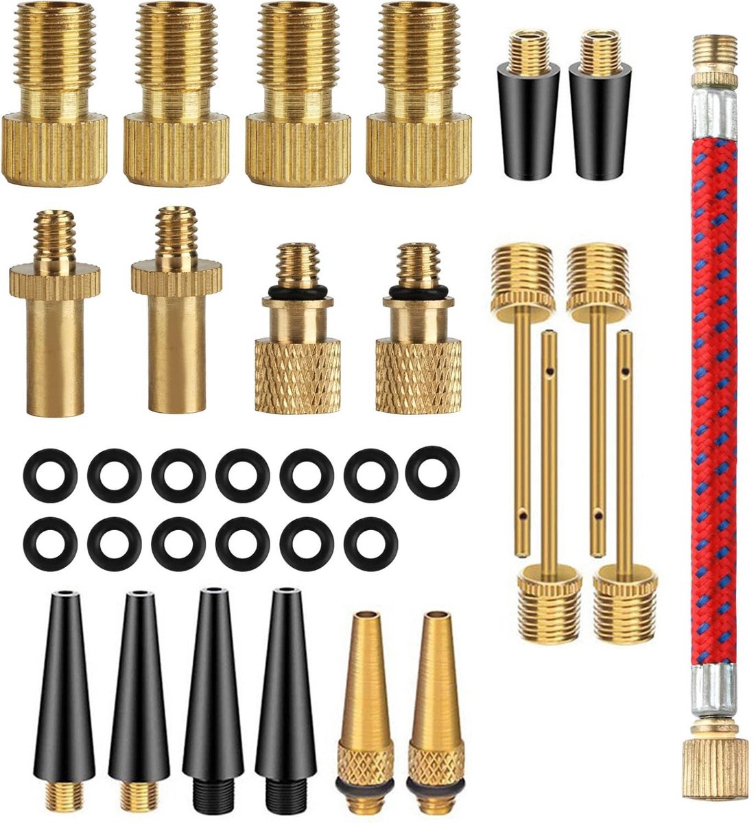 33 stuks fietsventieladapterset, luchtpomp, Franse ventieladapter, messing DV SV AV ventieladapter voor compressor, autoventielopzetstuk, accessoires met balpompnaalden en doos