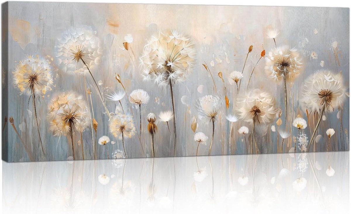 Ingelijst Beige Paardenbloemen Canvas wanddecoratie, Scandinavisch Minimalistisch Abstract Planten Afbeeldingen Schilderij op Gedrukt Canvas Woondecoratie voor Woonkamer Slaapkamer 120x50 cm
