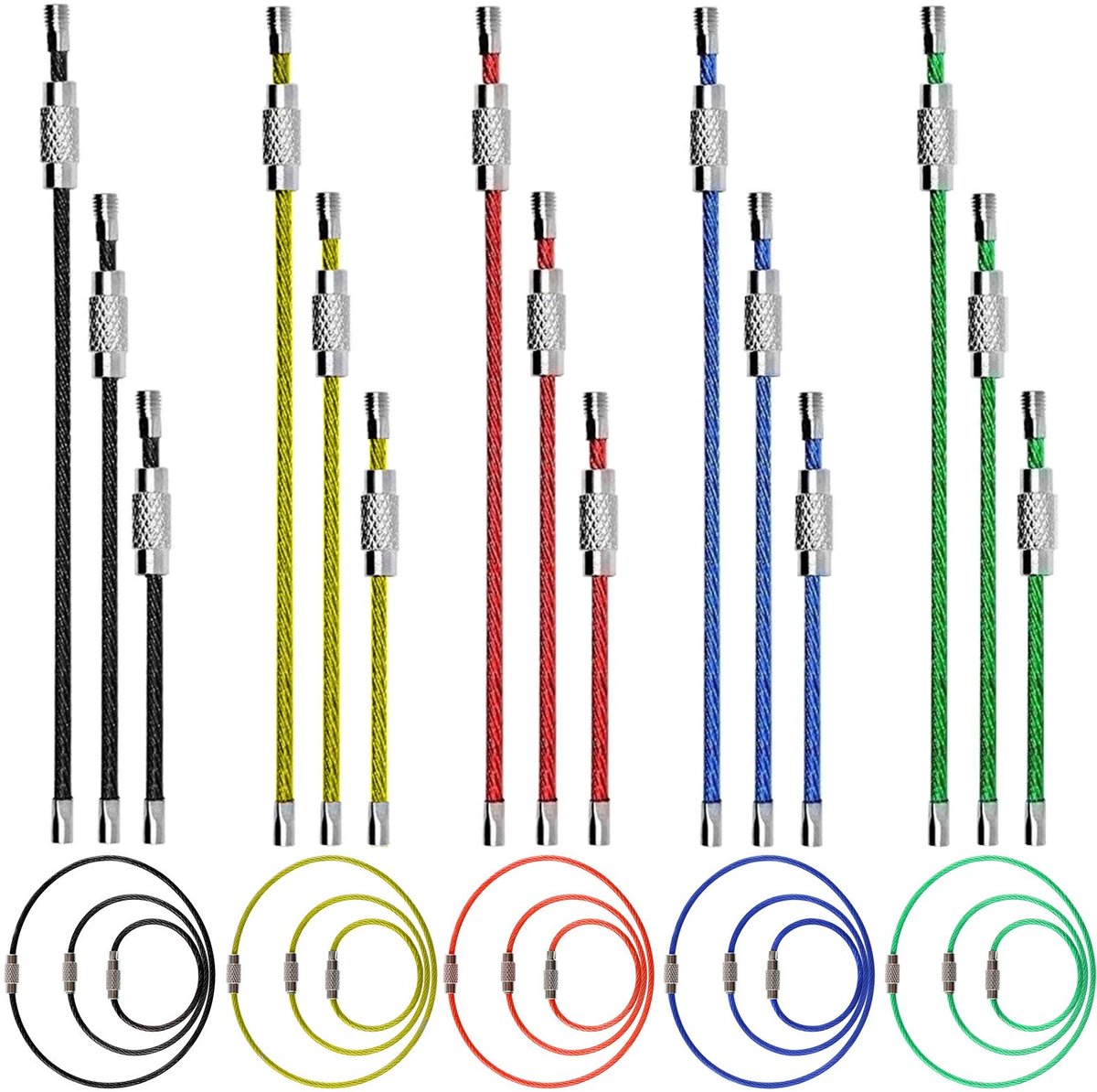45-Stuks Metalen Draad Sleutelhanger Kit Met 5 Kleuren en 3 Maten Kabel Lussen - 2 mm Roestvrijstalen Connector Voor Wandelen Bagage ID-Tags - 10,5 cm, 15,5 cm