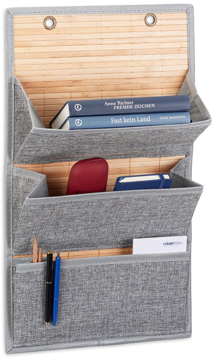 4x hangende opberger, ruimtebesparend, bamboe en stof, wandorganizer, 3 vakken, HBD: 58 x 34 x 15 cm, grijs