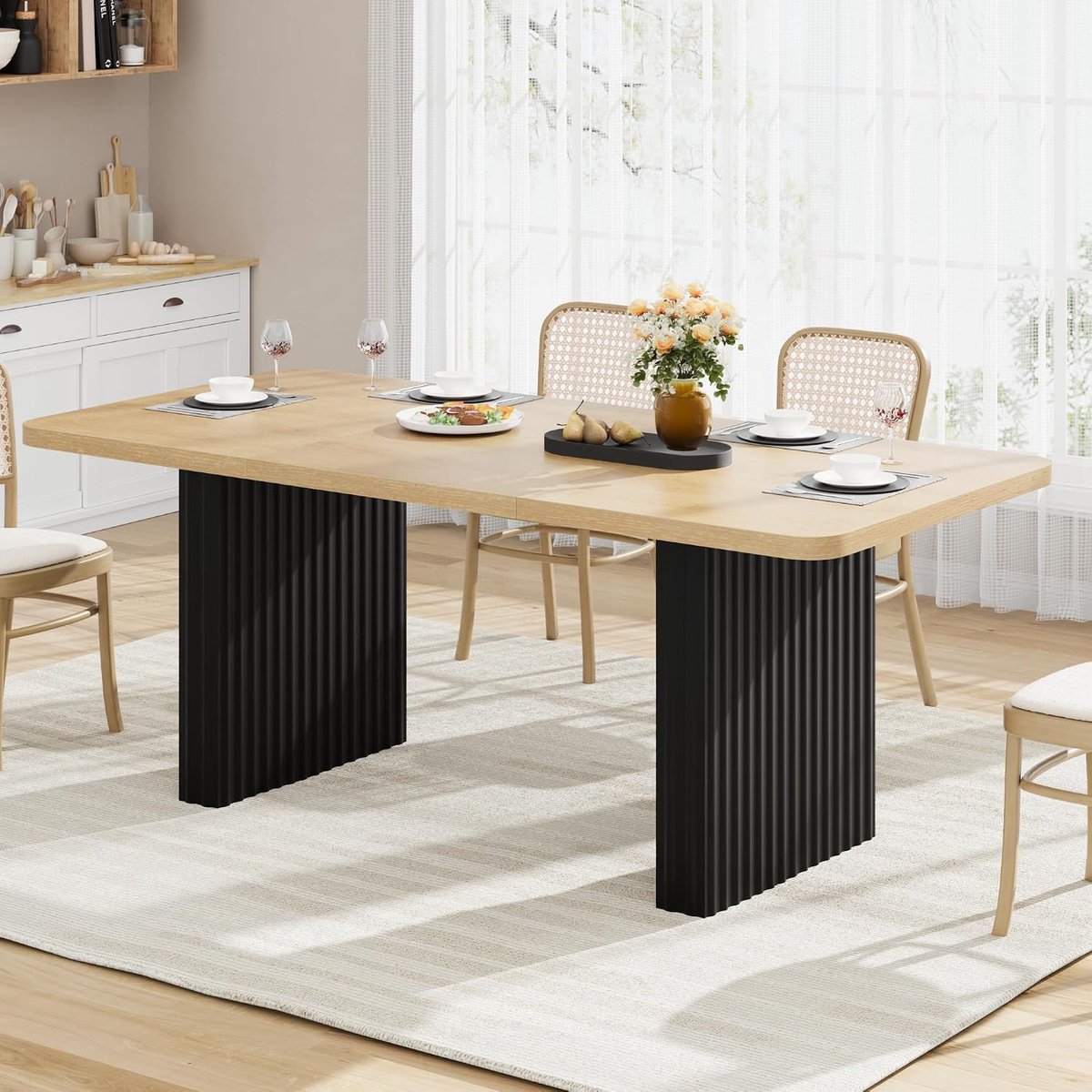 Grote Moderne Eettafel voor 6-8 Personen - 180 x 80 cm - naturel Houtlook met Zwarte Metalen Gegolfde Poten - Industrieel & Landelijk