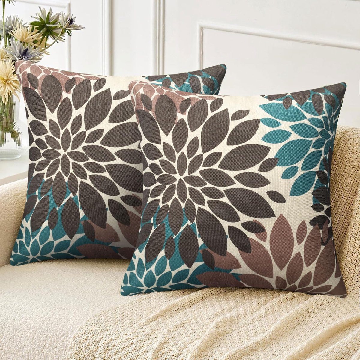 Kussensloop, sierkussen, bruin en blauwgroen, dahlia, bloemen, modern, linnen, kussensloop, 50 x 50 cm, bankkussen, decoratie voor bank, slaapkamer, woonkamer, balkon, set van 2, 50 x 20 inch