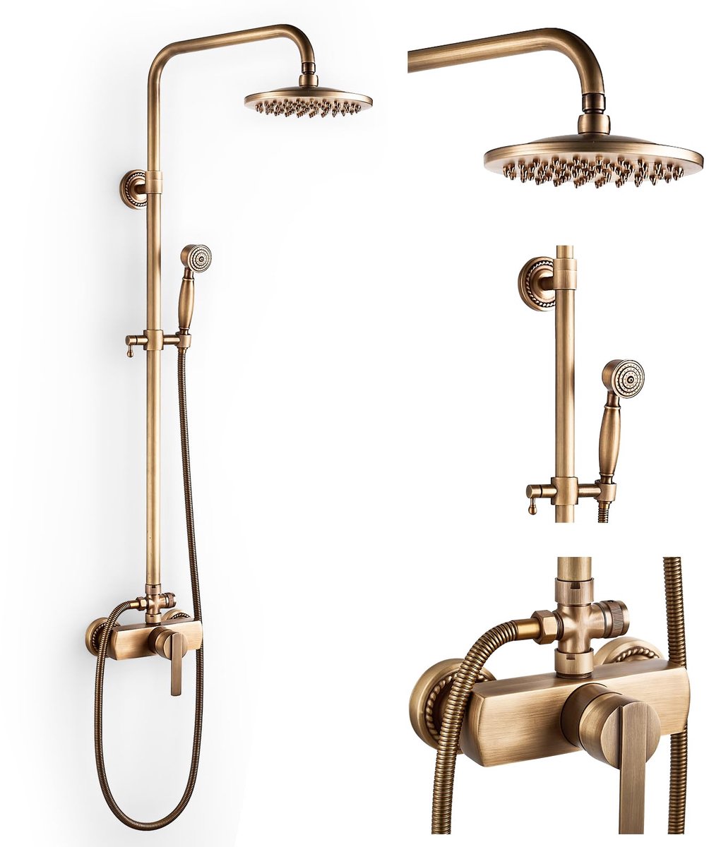 Kraan set goud retro doucheset met kraan, vintage douchearmatuur, complete set met 8 inch regendouche, handdouchekop, in hoogte verstelbaar 70 ~ 120 cm