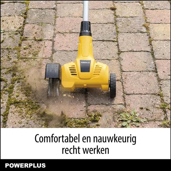 Gele onkruidverwijderaar met twee wielen die mos van stenen verwijdert.