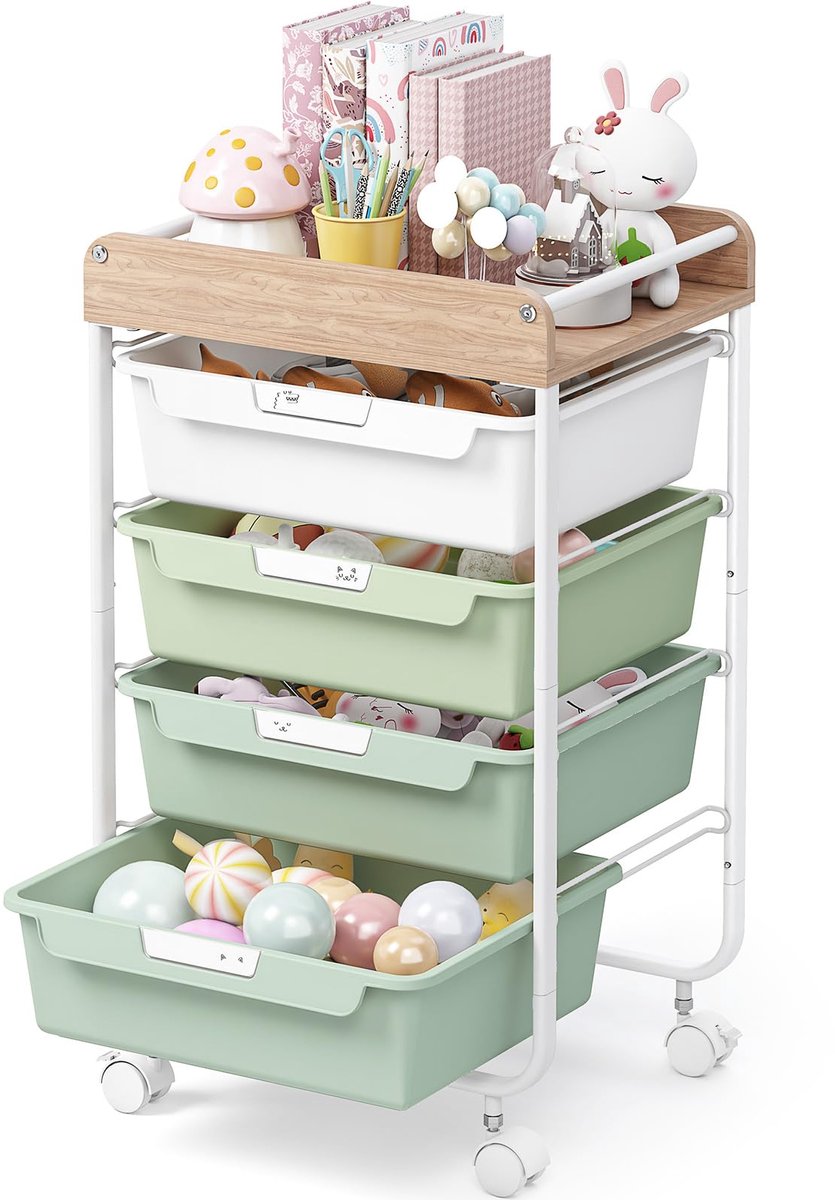Opbergdoos, multifunctionele rolwagen van kunststof met houten planken, geschikt voor badkamer, keuken, woonkamer en kantoren, verkrijgbaar in verschillende kleuren