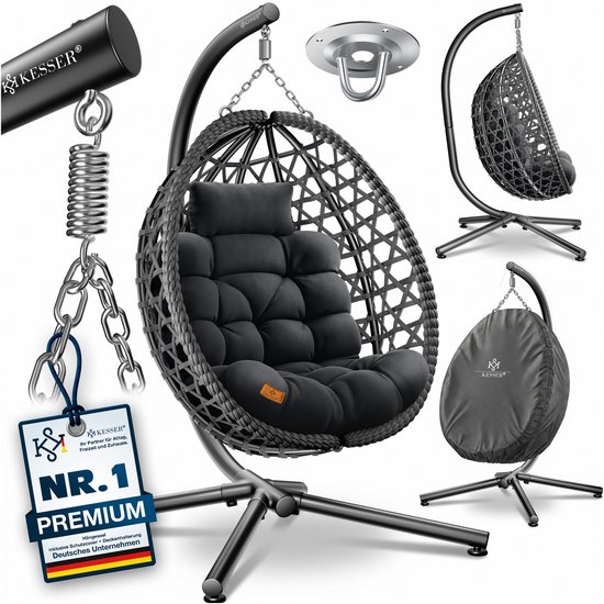 Grijze Kesser hangstoel met kussen, standaard, plafondbevestiging, veren, ketting en beschermhoes. "Nr. 1 Premium".