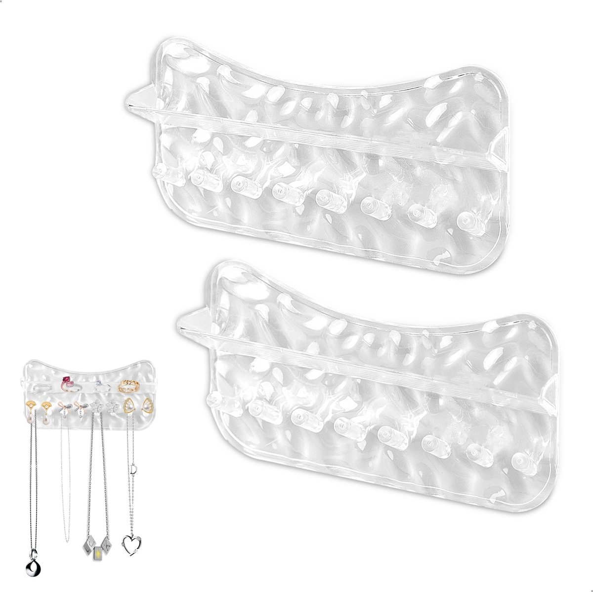 2 stuks, organizer voor halskettingen met 8 haken, voor het ophangen van halskettingen, ringen, armbanden en oorbellen, transparant