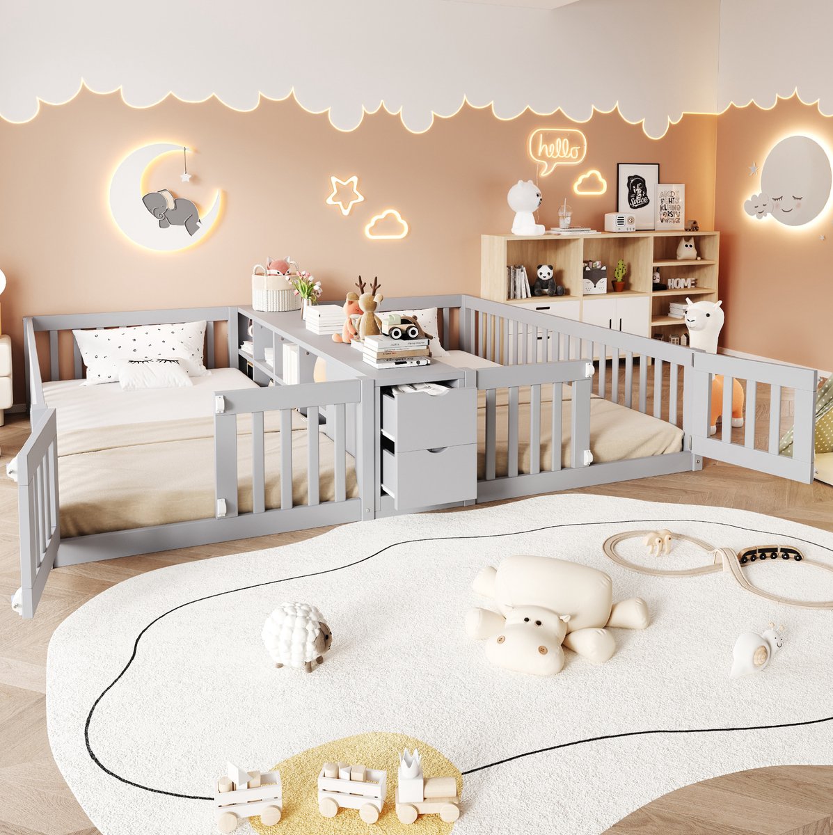 FloraGrace Kinderbed 90 x 200 cm – Dubbel Kinderbed Met Opbergrek En Lades – Met Hoge Veiligheidshekken – Zonder Matras – Hout – Grijs