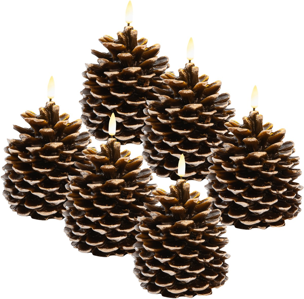 Anna's Collection LED dennenappel kaars - 6x - bruin - 12.5 x 10.5 cm - met timer