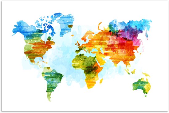 Un gros plan d'une carte du monde aquarelle, avec des couleurs vives et de la texture.