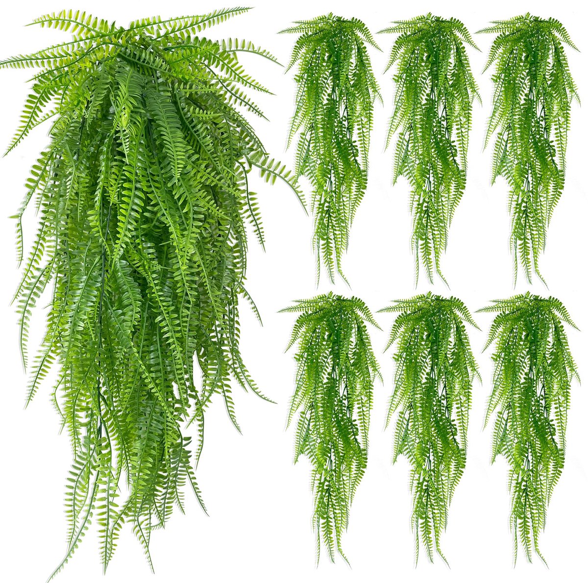 Kunstplanten, 6 stuks, hangend 80 cm, kunstplanten, varen, groene bladeren, hangplant, kunstplanten, nepgroene planten, plastic planten, hangend voor binnen en buiten, decoratie (varen) (6)