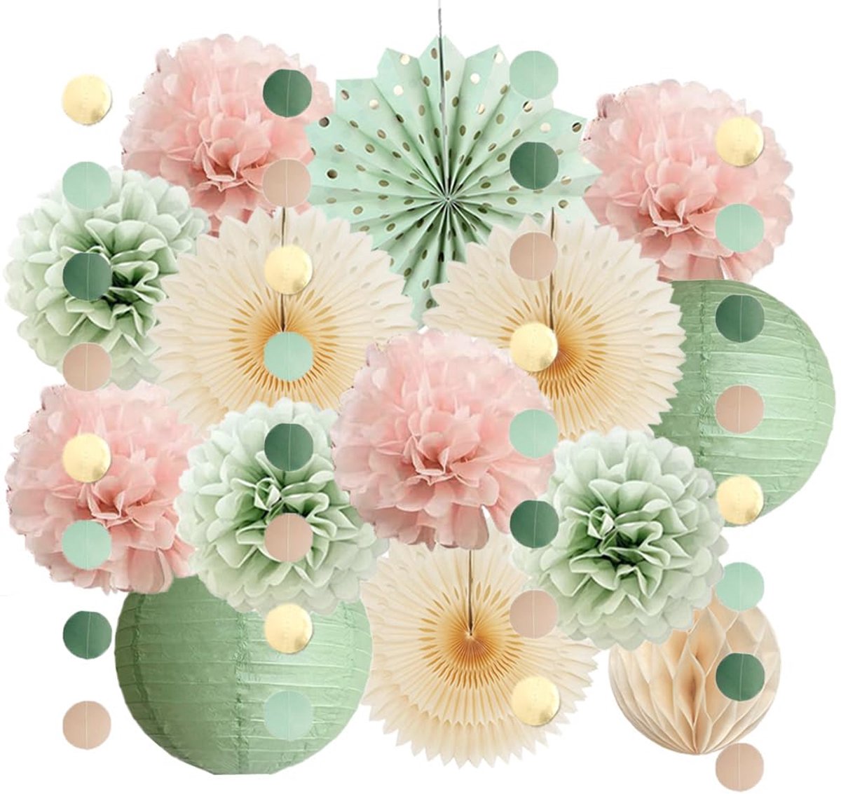 Saliegroen en blozende roze feestdecoraties: papieren lantaarns, crème papierfans, lichtroze zijdepapier pompoms voor verjaardagen, babyborrels, bruidsdouches en bruiloften