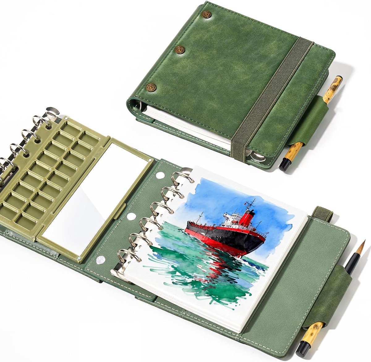 SnelShoppen - Portable Watercolor Sketchbook Set - 11x13cm Reisjournal met 100% Katoen Papier, Keramische Palet en Waterverf Penseel voor Buiten Schil