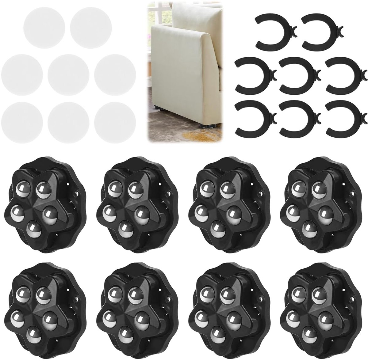 SnelShoppen - 8 Pcs Zelfklevende Meubelwielen met 360 Graden Beweging, Mini Ballenwielen met 5 Stalen Bollen en Rem voor Keuken, Elektrische Apparaten