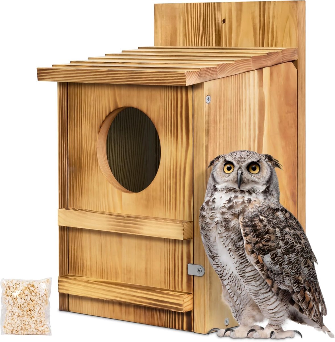 SnelShoppen - Grote Uilen Nestkast van Hout voor Kerkuil, Bosuil, Langeooruil - Rustieke Tuin Decoratie Vogelhuisje - Perfect voor Mediuem tot Grote V