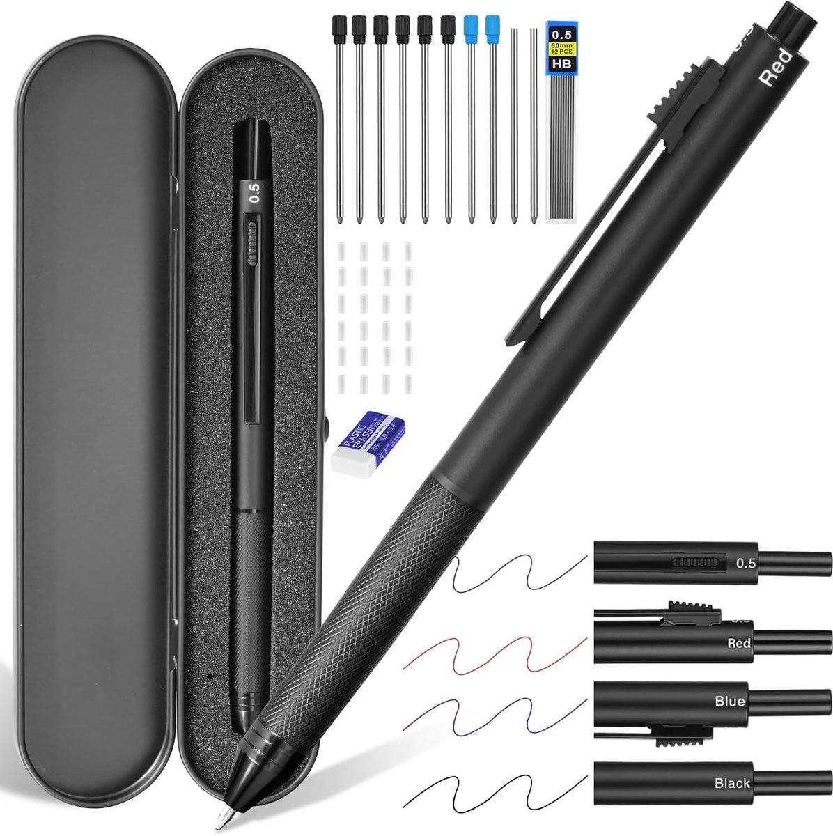 SnelShoppen - 4-in-1 Multicolour Pen met Mechanisch Potlood, 0.5mm, 3 Kleuren, Inclusief 38 Stuks Vullingen, Gum en Metalen Pen Case - Perfect voor Sc
