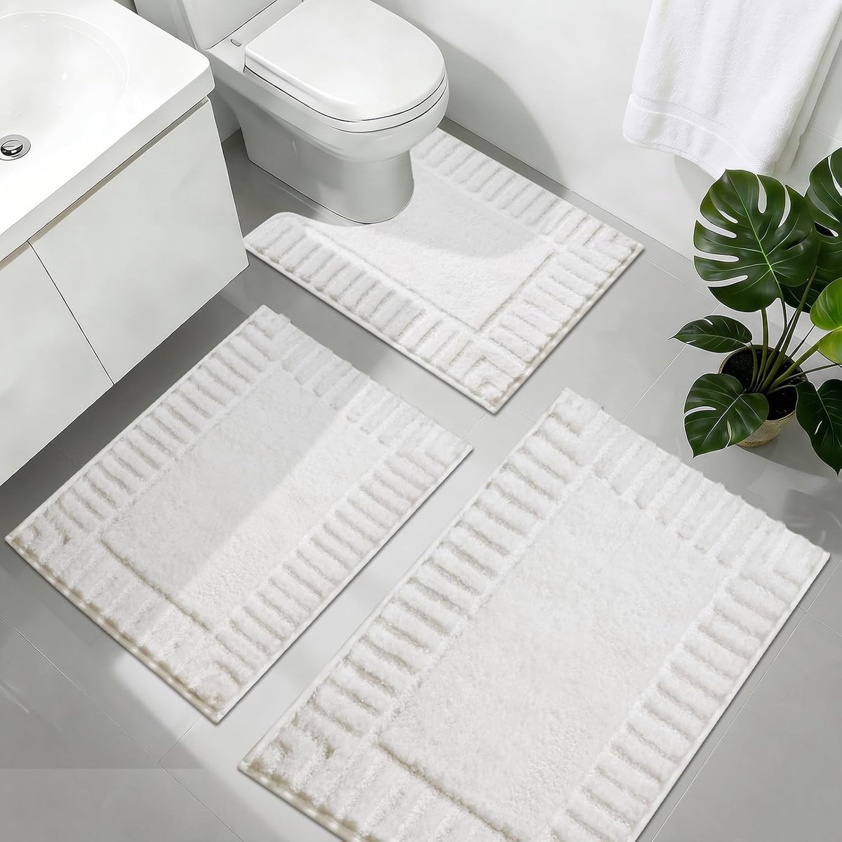SnelShoppen - Badmat Set 3-delig Antislip Absorberend Wasbaar Bad- en Pedestalmat Wit Zacht Toiletmat Microfiber Badkamer Vloermat