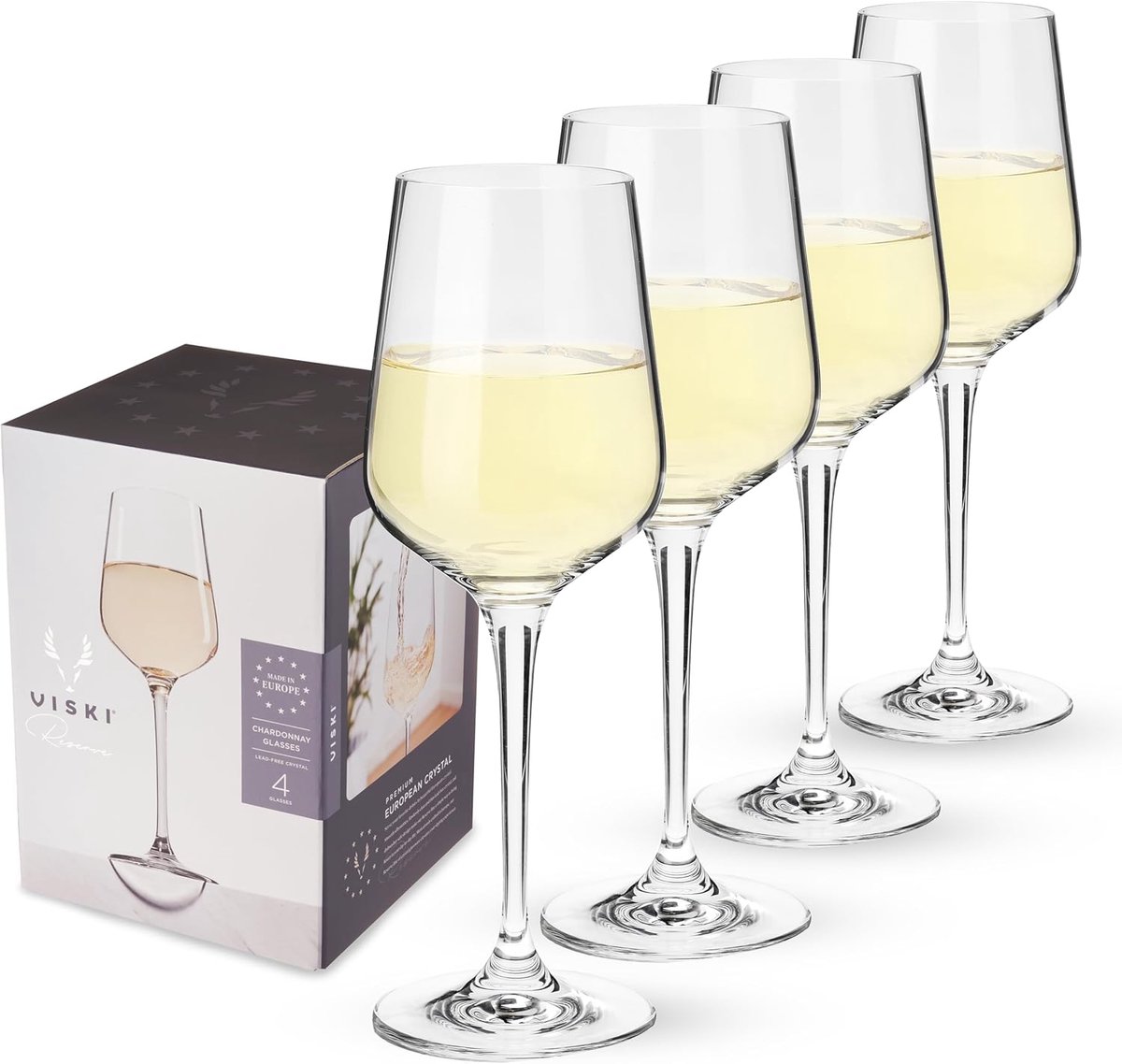 SnelShoppen - Set van 4 Kristallen Chardonnay Glazen - 15oz (443ml) - Europees Gemaakt - Ledervrij - Perfect voor Witte Wijn, Rode Wijn en Rosé - Eleg