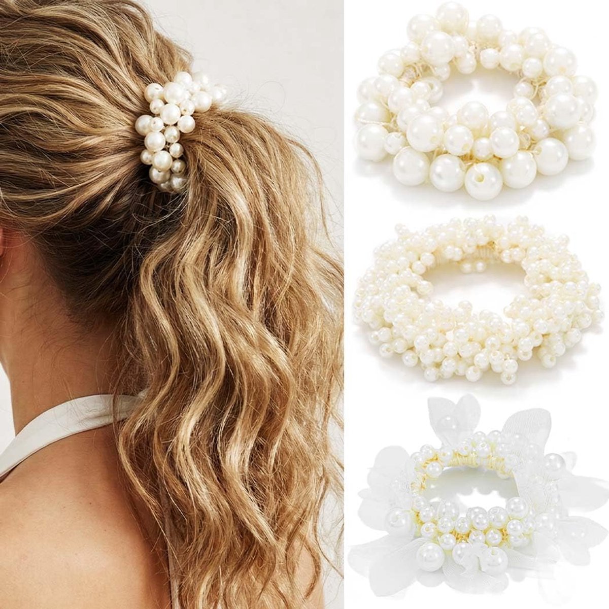 SnelShoppen - Elegante Reaky Pearl Hair Band - Elastische Ponytail Holders met Witte Parels - Haaraccessoires voor Vrouwen - Set van 3 - Perfect voor