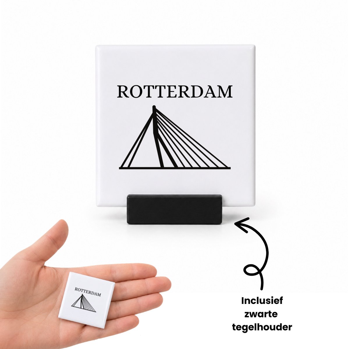 Hacebo Rotterdam tegeltje met tegelhouder - Rotterdam - toeristen Rotterdammers - tegeltjes met tekst - cadeautje - kado - Erasmusbrug - Zuid Holland - spreuktegels - 4.8x4.8 CM Wit