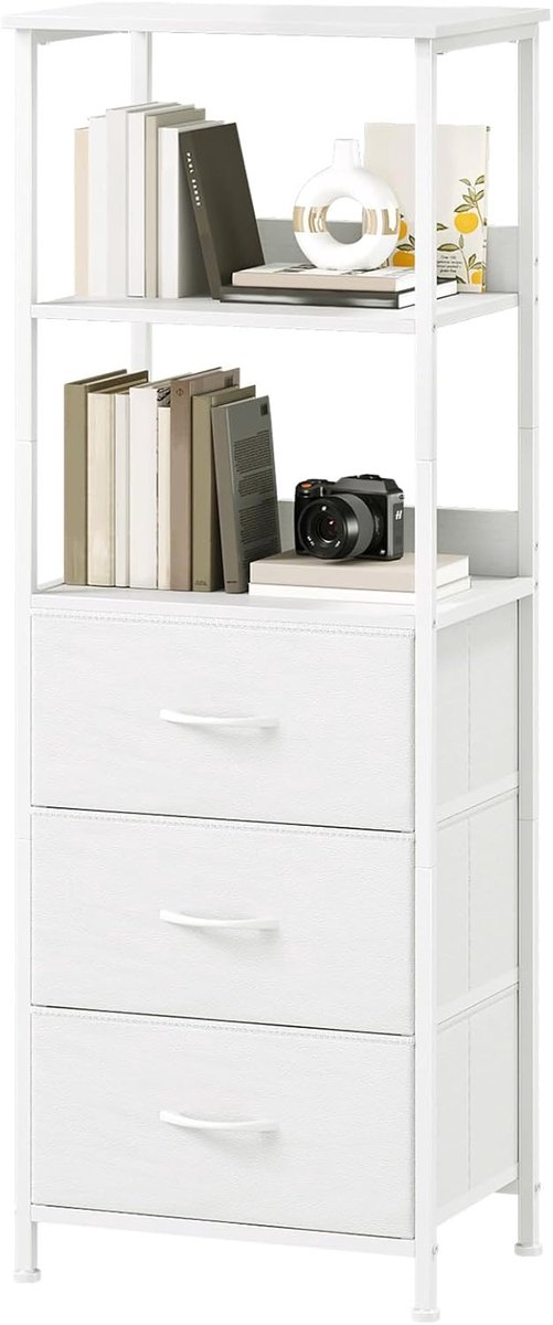 Thijox - 5-laags Boekenkast met Stoffen Lades, Opbergkast voor Woonkamer, Slaapkamer en Thuiskantoor, Wit, 30D x 42B x 115H cm, Ruimtebesparend en Mil