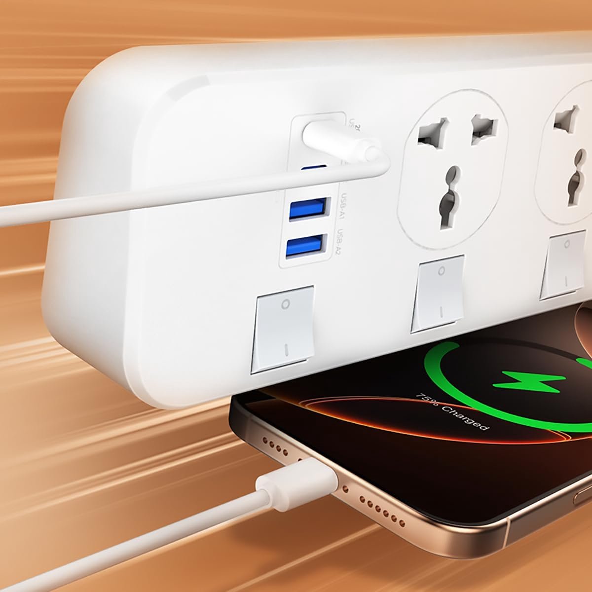 SnelShoppen - Universele Stekkerdoos met 4 Uitgangen, Overload Bescherming, 2 USB-A, 1 Type-C (20W), Veiligheidsschakelaar, 2 Meter Snoer